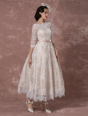 Vestido de novia de encaje Vintage Bateau Champagne Medias mangas Vestido de novia Una línea Sin espalda Longitud de té Faja Recepción Vestido de novia Exclusivo_4