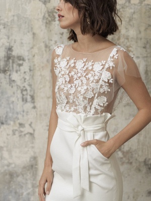 White Short Wedding Dresses Illusion Neckline Jewel Neck Short Sleeves Sheath Natural Waist Lace Bows Cut-Outs Ruffles Bridal Dresses_2