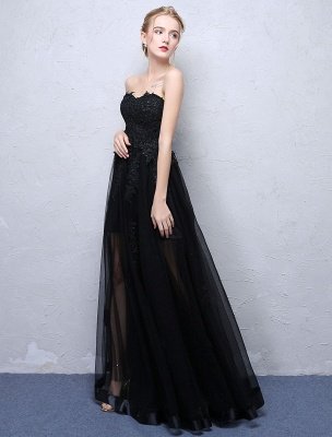 Black Prom Dresses Strapless Long Party Dress Lace Applique Sweetheart Illusion Formal Evening Dress_3