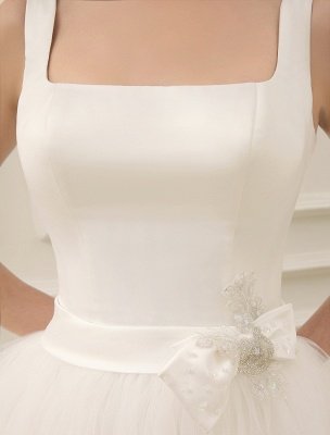 Einfache Brautkleider Satin Square Neck Applique Kurzes Brautkleid Mit Perlenstickerei Schärpe Exklusiv_7