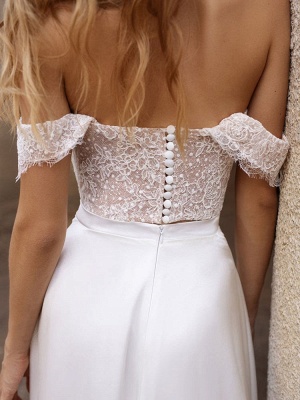 Weißes einfaches Hochzeitskleid Satin Stoff Trägerlos Ärmellos Ausgeschnitten A-Linie Schulterfrei Lange Brautkleider_8