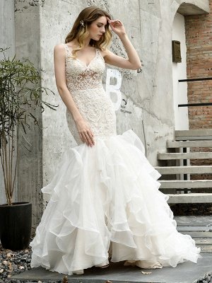 Wedding Bridal Gowns Mermaid Sleeveless V Neck Lace Bridal Gowns With Train_7
