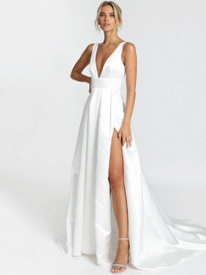 Robe de mariée blanche simple tissu satiné col en V sans manches dos nu A-ligne robes de mariée_3