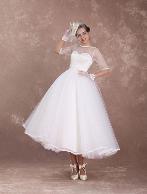 Vintage Wedding Dress 1950'S Short Bridal Dress Ivory Backless Polka Dot Half Sleeve Sweetheart Bow Sash Weddig Reception Dress Exclusive_3