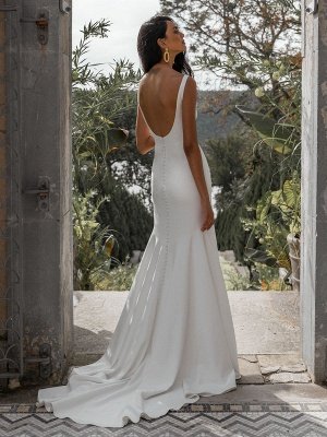 Vestido de novia blanco simple con tren Bateau Cuello sin mangas Sin espalda Tela de satén Sirena Vestidos de novia_4