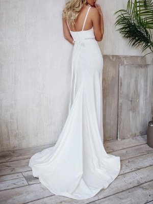Sexy Wedding Dress Lycra Spandex V Neck Sleeveless Strap Sash Mermaid Bridal Dresses With Train_4