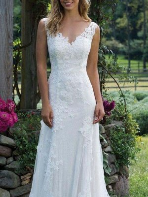 Wedding Dress Lace V Neck Sleeveless Sheath Floor Length Bridal Gown With Court Train_3