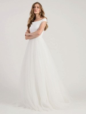 Robe de mariée simple blanche A-ligne col bateau épaules dénudées sans manches taille naturelle robes de mariée en tulle plissé_1