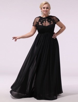 Black Prom Dresses Plus Size Evening Dress Chiffon Lace Applique Illusion Short Sleeves Floor Length Wedding Guest Dress Exclusive_2