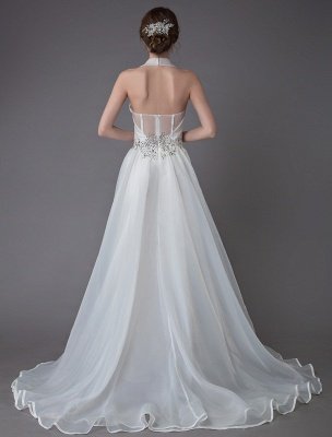 Ivory Wedding Jumpsuits Halter V Neck Rhinestones Backless Culottes Bridal Dress Exclusive_8