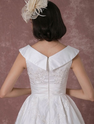 Vintage Wedding Dress Satin Short Bridal Gown Lace Beading Tea Length Reception Bridal Dress Detachable Bow Sash Exclusive_10