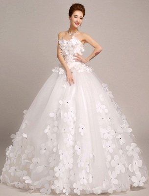 Elfenbein Brautkleider Prinzessin Ballkleider Brautkleid 3D Blumen Trägerlos Perlen Frauen Festzug Kleider_1