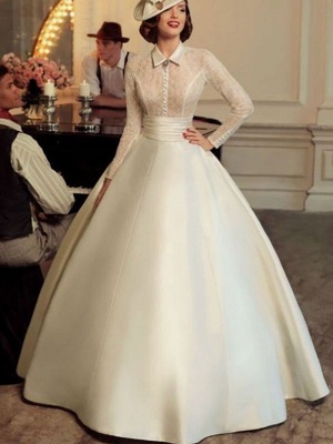 Vintage Wedding Dresses Halter Long Sleeves Natural Waist Satin Fabric Floor Length Lace Traditional Dresses For Bride_1