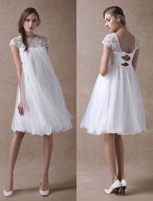 Robes de mariée simples taille empire courte dentelle tulle mancherons robe de mariée enceinte exclusive_1