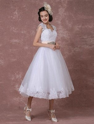 Vintage Wedding Dress Short Lace Tulle Bridal Gown Back Design Tea-Length A-Line Reception Bridal Dress With Rhinestone Detachable Bow Sash Exclusive_3