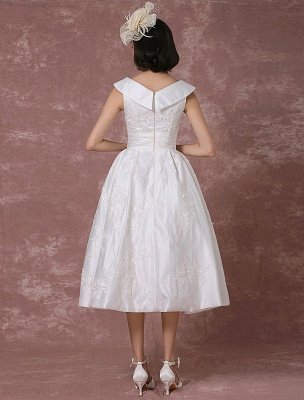 Robe de mariée vintage Satin courte robe de mariée dentelle perles thé longueur réception robe de mariée détachable nœud ceinture exclusif_3