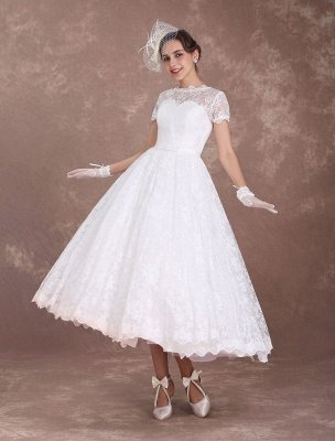Lace Wedding Dresses Short Sleeve 1950'S Vintage Bridal Dress Sweetheart Illusion Ivory A Line Tea Length Wedding Reception Dress Exclusive_1