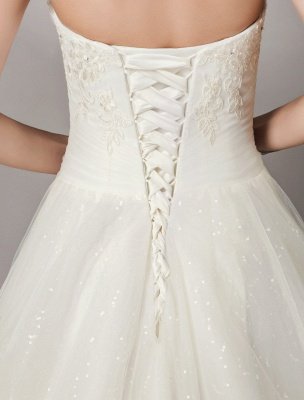 Wedding Dresses Ivory Strapless Lace Beaded Chapel Train Bridal Gowns_9