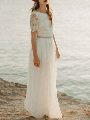 Vestido de novia simple Una línea Cuello joya Encaje Manga corta Hasta el suelo Gasa Vestidos de novia de boda en la playa_2