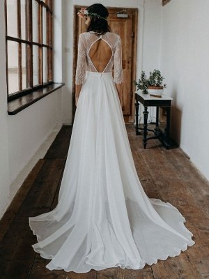 Robe de mariée simple blanche en dentelle col bijou demi-manches dos nu une ligne dentelle en mousseline de soie longues robes de mariée_5