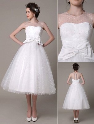 Tulle Wedding Dress Strapless A-Line Tea Length Bridal Dress With Bow Exclusive_1