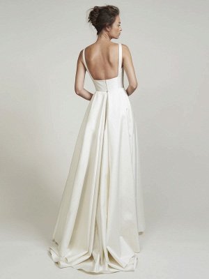 Vintage Wedding Dresses Square Neck Sleeveless Natural Waist Satin Fabric Court Train Sash Bridal Dress_7