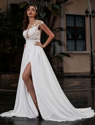 Wedding Dress Beach A-Line Silhouette Jewel Neck Lace Bodice Chiffon Wedding Gown_1