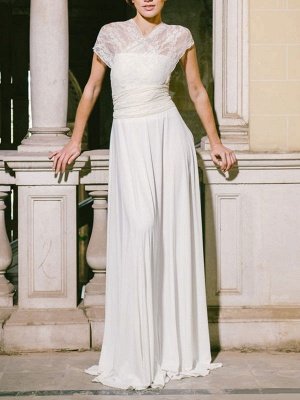 Einfache Brautkleider Mantel V-Ausschnitt Ärmellos Plissee Bodenlangen Mit Zug Spitze Brautkleider_3