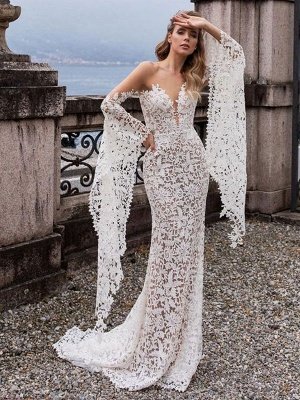 Lace Wedding Dress Mermaid Wedding Dress V Neck Long Sleeve Sexy Bridal Dresses_1