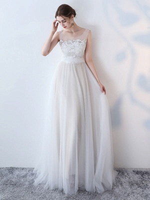 Simple Wedding Dress 2021 A Line Jewel Neck Sleeveless Bows Lace Tulle Bridal Dresses_2