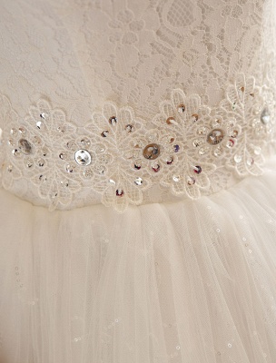 Princess Ball Gown Wedding Dresses Lace Applique Backless Beaded Sash Sequin Floor Length Ivory Bridal Dress_8