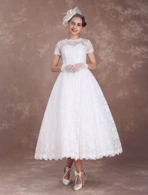 Lace Wedding Dresses Short Sleeve 1950'S Vintage Bridal Dress Sweetheart Illusion Ivory A Line Tea Length Wedding Reception Dress Exclusive_2