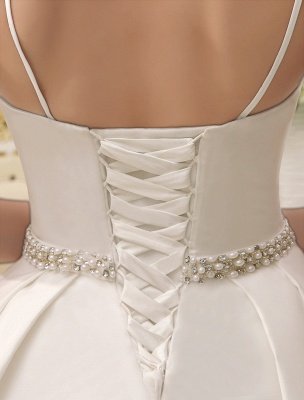 Vintage Spaghetti Straps Backless Satin Short Wedding Dress With Pearls At Waist Exclusive_7