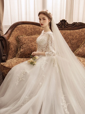 Ivory Wedding Dresses Lace Applique Jewel Neck 3/4 Length Sleeve Princess Bridal Gown With Train_5