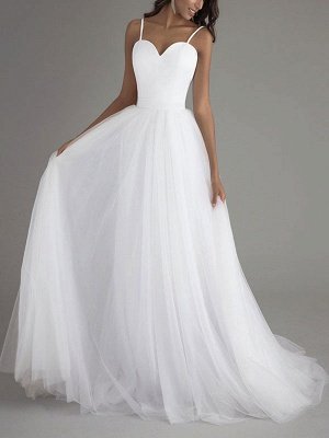 Robe de mariée simple Tulle chérie cou sans manches ceinture une ligne robes de mariée_1