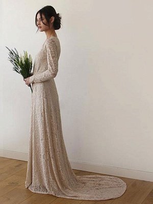 Lace Wedding Dress With Train A-Line Long Sleeves V-Neck Ivory Bridal Gowns_3