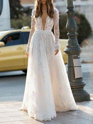 Simple Wedding Dress A Line V Neck Long Sleeves Lace Floor Length Bridal Gowns_1