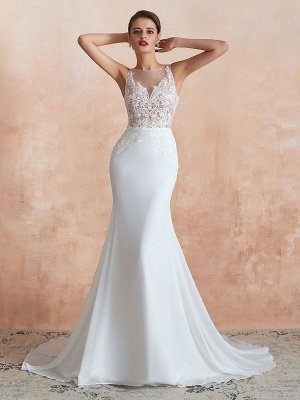 Wedding Dress 2021 Mermaid Sleeveless Lace Appliqued Beach Bridal Gowns With Train_4