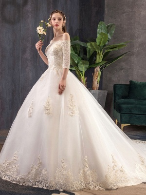 Prinzessin-Hochzeitskleider-Elfenbein-Spitze-Applikation-Schulterfrei-Halbarm-Brautkleid-Mit-Zug_4