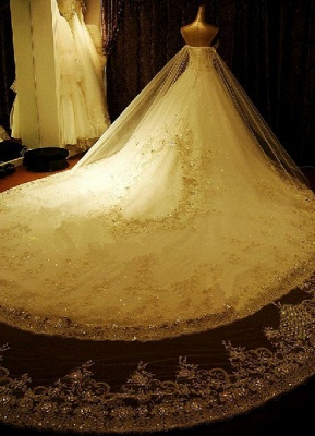 Robes de mariée dentelle appliques robe de mariée sans bretelles décolleté en coeur perlé cathédrale train robe de mariée_3