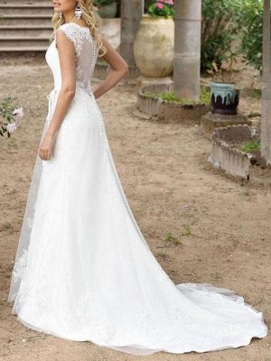 Einfache Hochzeitskleid A-Linie V-Ausschnitt Ärmellose Schärpe Bodenlangen Brautkleider Mit Zug_2