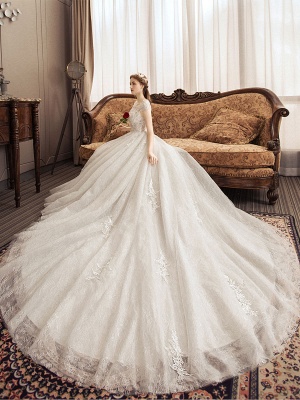 Lace Wedding Dresses Princess Bridal Gown Ivory Jewel Neck Short Sleeve Bridal Dress With Train_5
