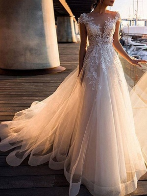 Wedding Dresses A Line Tulle V Neck Short Sleeves Lace Bridal Dresses With Train_1