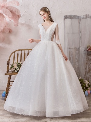 Robe de mariée princesse Silhouette étage longueur col en V sans manches taille naturelle perlée Lycra Spandex robes de mariée_2