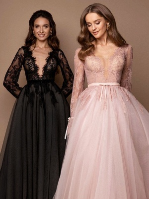 Black Wedding Dress With Train A-Line V-Neck Long Sleeves Lace Sweep Tulle Lace Bridal Gowns_3