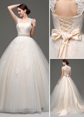 Tulle Cap Sleeves Keyhole Back Robe de mariée princesse avec nœud et ceinture en strass_1