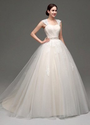 Tulle Cap Sleeves Keyhole Back Robe de mariée princesse avec nœud et ceinture en strass_3