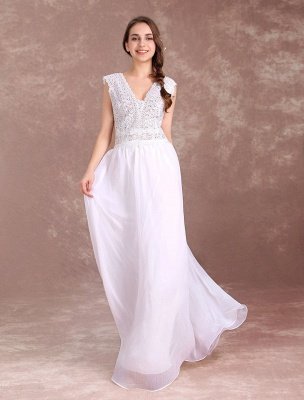 Boho Wedding Dresses Chiffon Lace Beach Bridal Dress V Neck V Back Ivory Sleeveless Floor Length Summer Wedding Gown_4