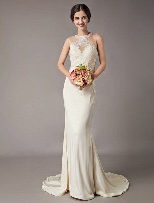 Wedding Dresses Ivory Lace Sleeveless Illusion Sheath Column Bridal Gowns With Train_2