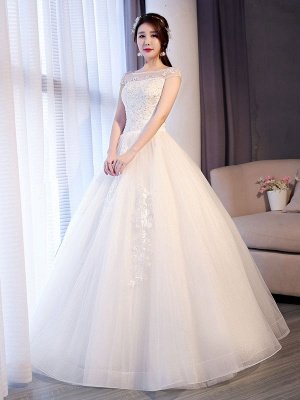 Robes de mariée princesse dentelle robes de bal perlées robe de mariée longueur au sol sans manches_2